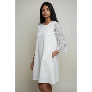 NWT Umgee Knee Length Swing Dress Women's Lg White Lace Bell Sleeves Boho Fairy